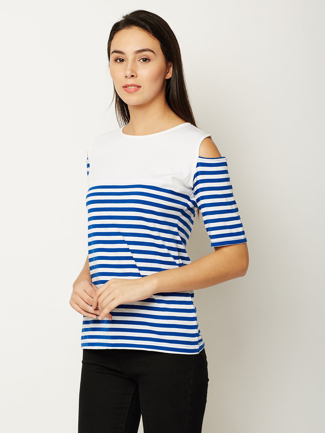 Women's Blue and White Round Neck Half Sleeve Striped Cold Shoulder Top