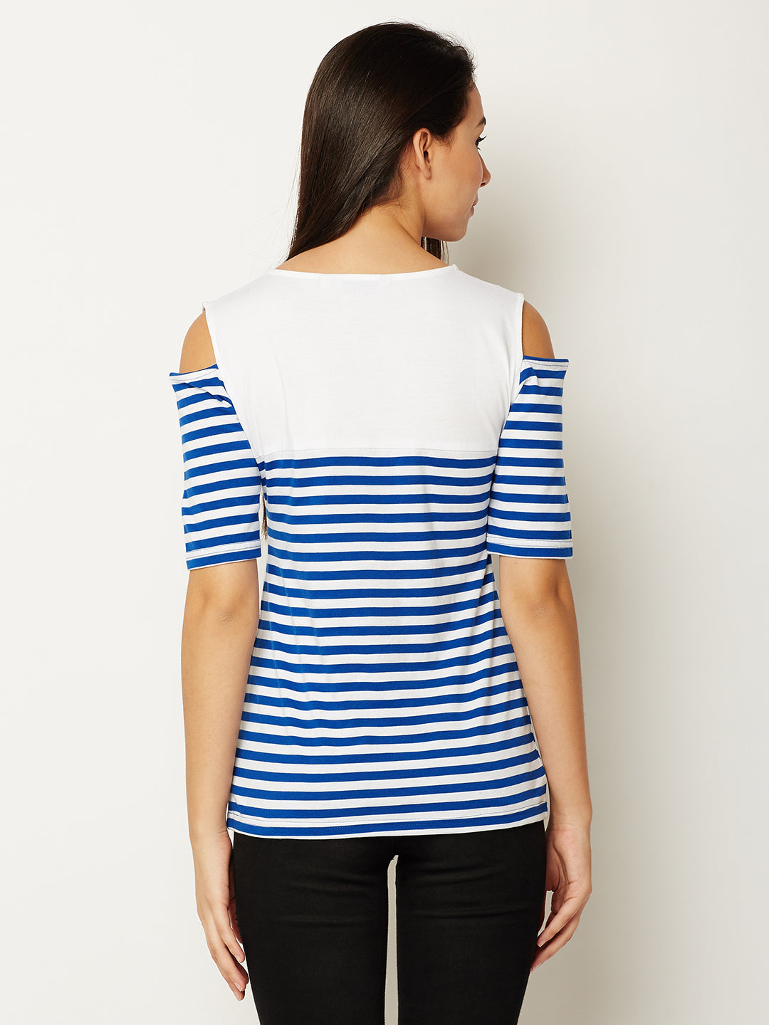 Women's Blue and White Round Neck Half Sleeve Striped Cold Shoulder Top