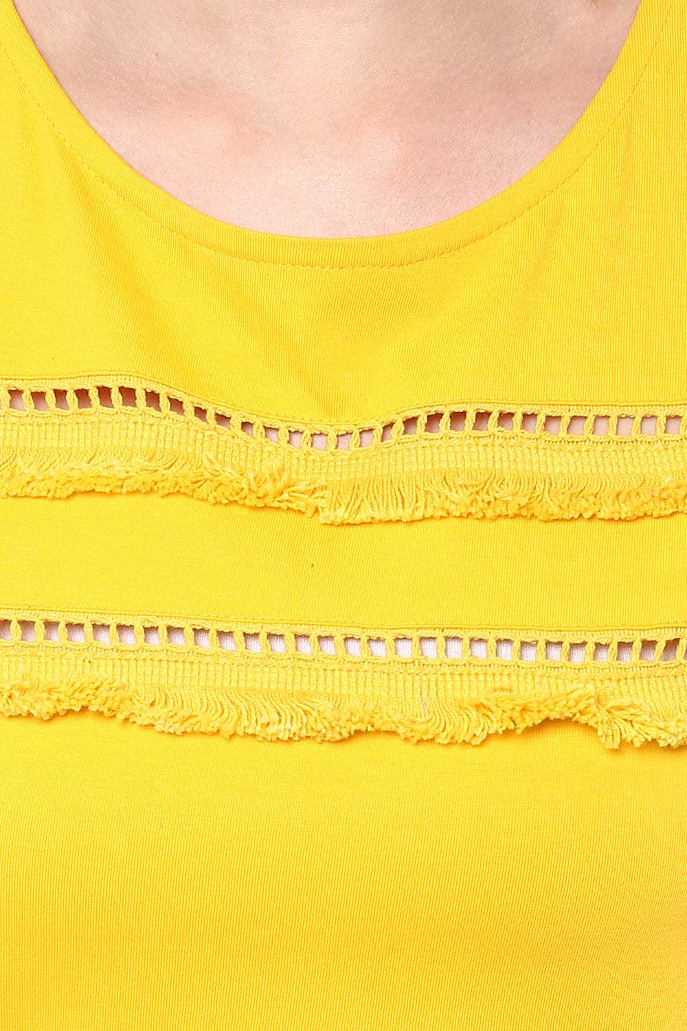 Women's Yellow Continuous Sleeve Round Neck Solid Paneled Top