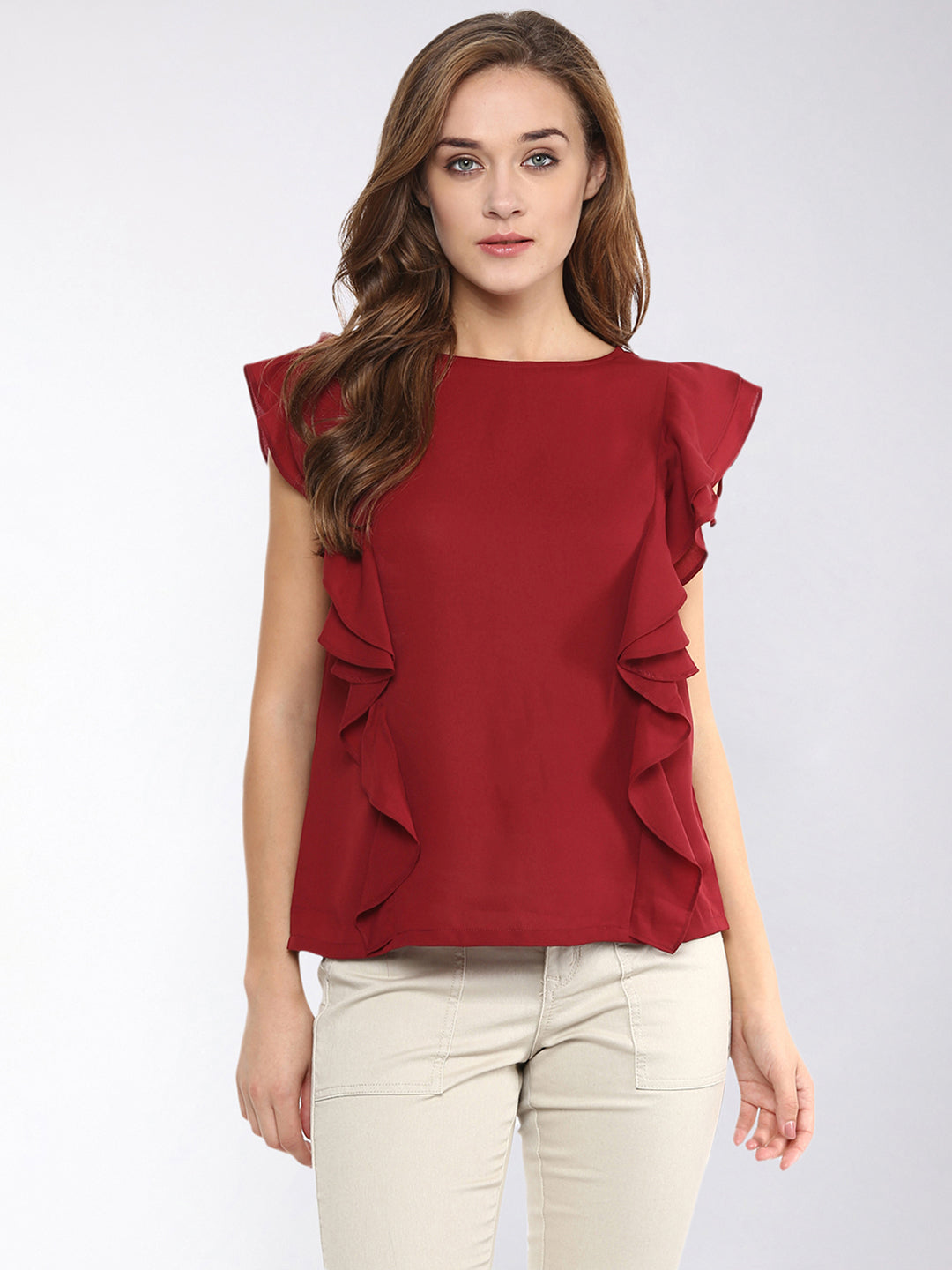 Women's Maroon Solid Sleeveless Round Neck Ruffled Tops