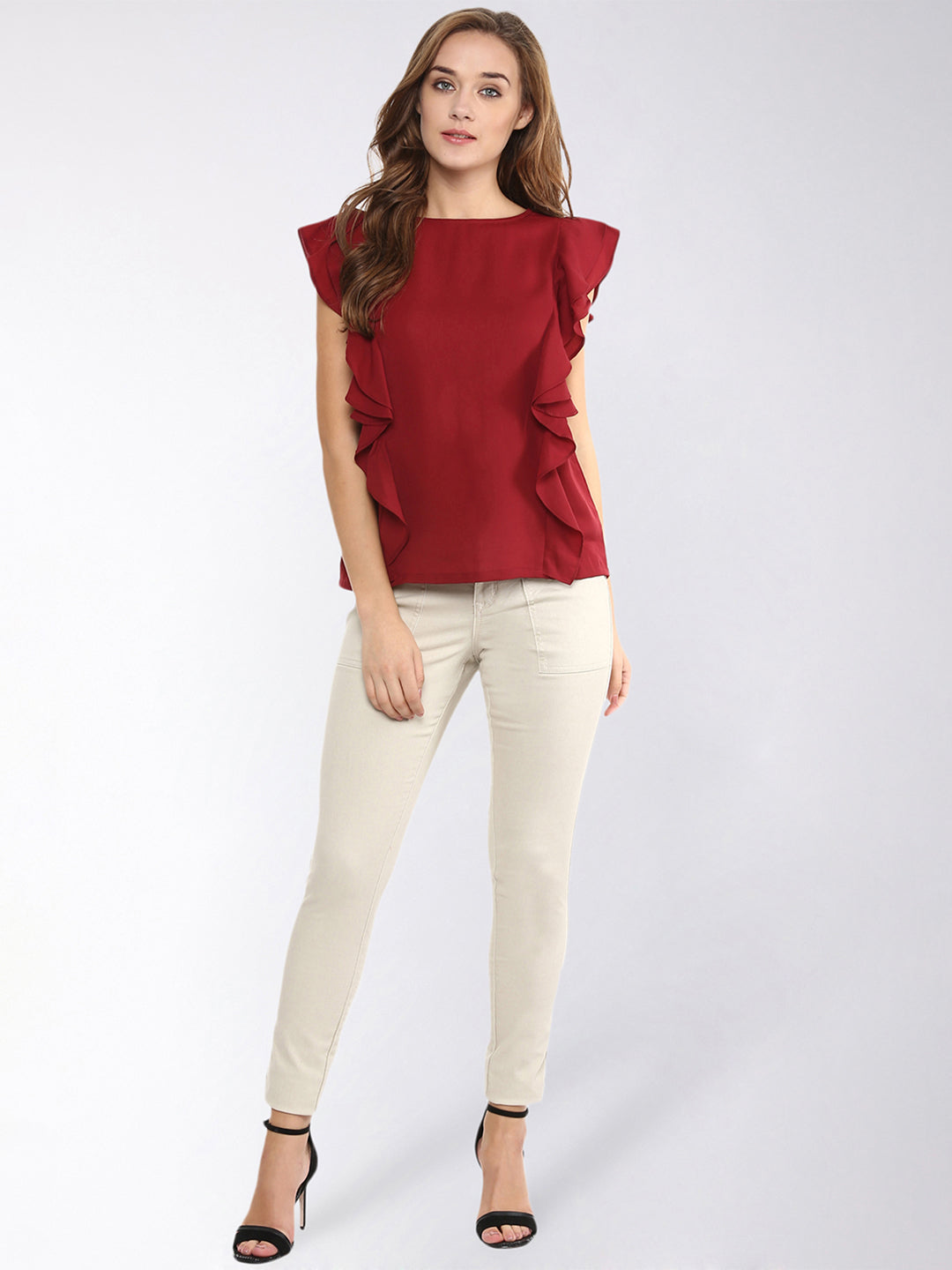 Women's Maroon Solid Sleeveless Round Neck Ruffled Tops