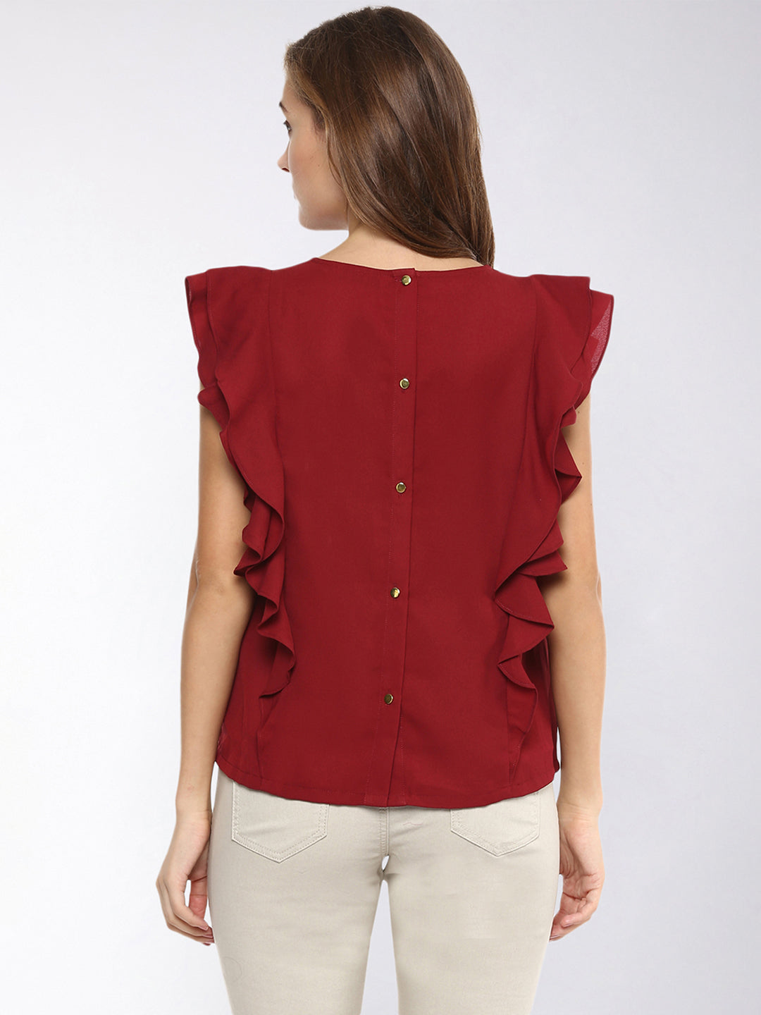 Women's Maroon Solid Sleeveless Round Neck Ruffled Tops