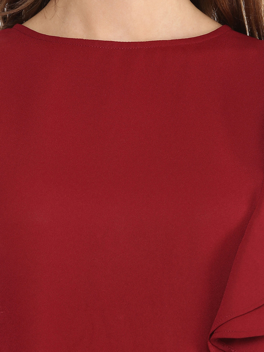 Women's Maroon Solid Sleeveless Round Neck Ruffled Tops