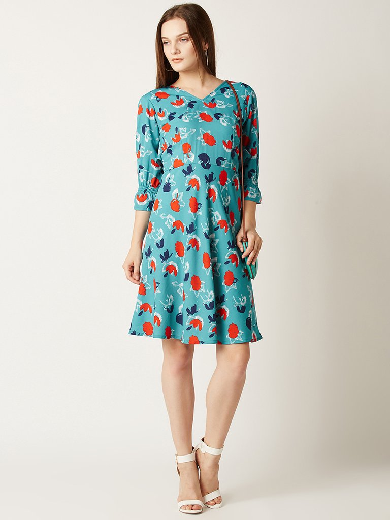 Women's Multicolored V-Neck 3/4 Sleeve Mini Ruffled Floral Skater Dress