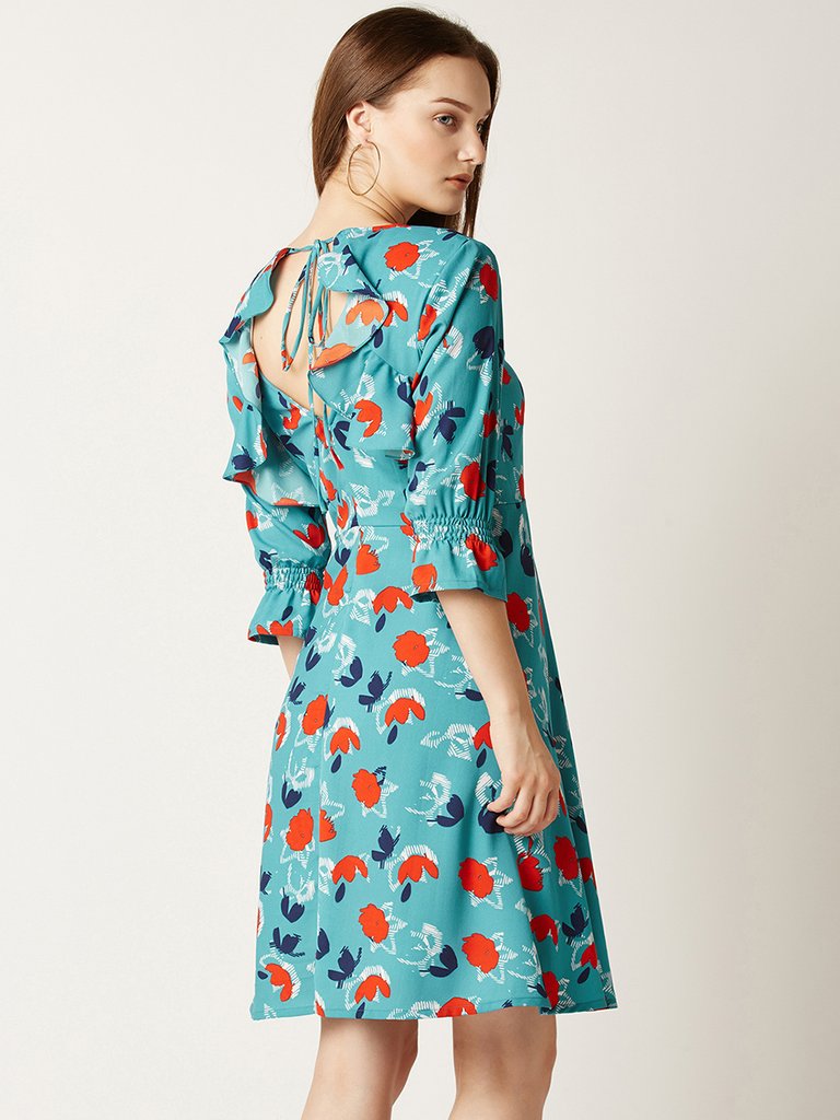 Women's Multicolored V-Neck 3/4 Sleeve Mini Ruffled Floral Skater Dress