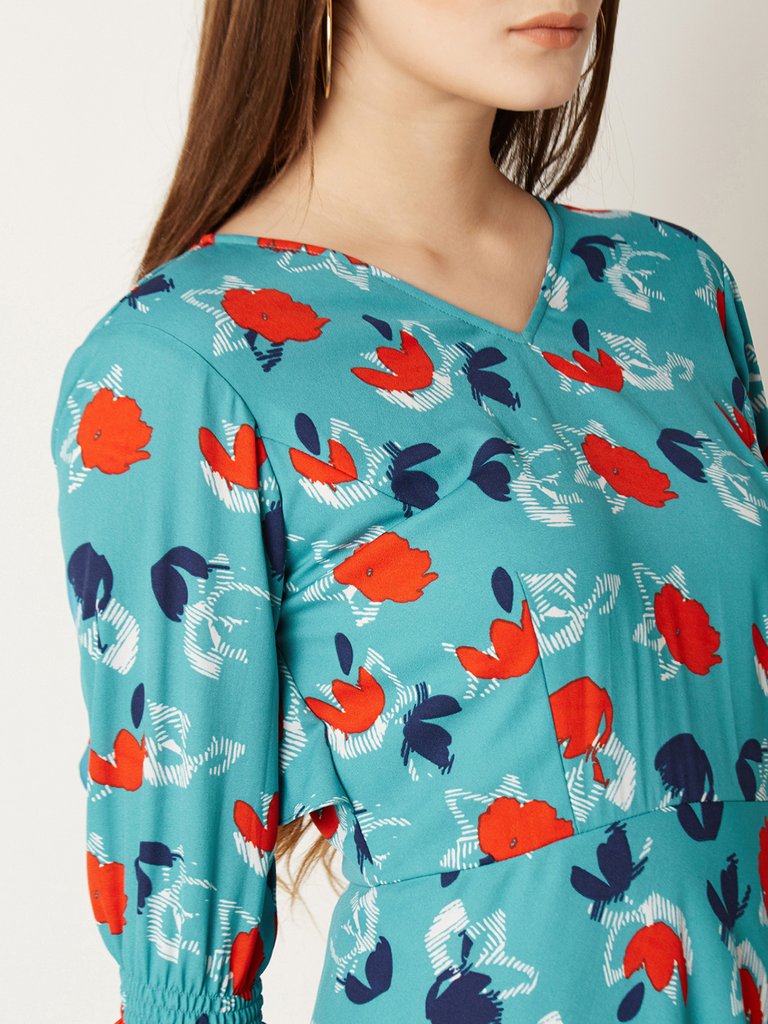 Women's Multicolored V-Neck 3/4 Sleeve Mini Ruffled Floral Skater Dress