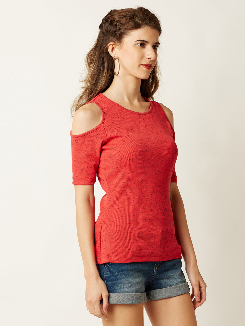 Women's Coral Round Neck Half Sleeve Plain Solid Ribbed Cold Shoulder Textured Top