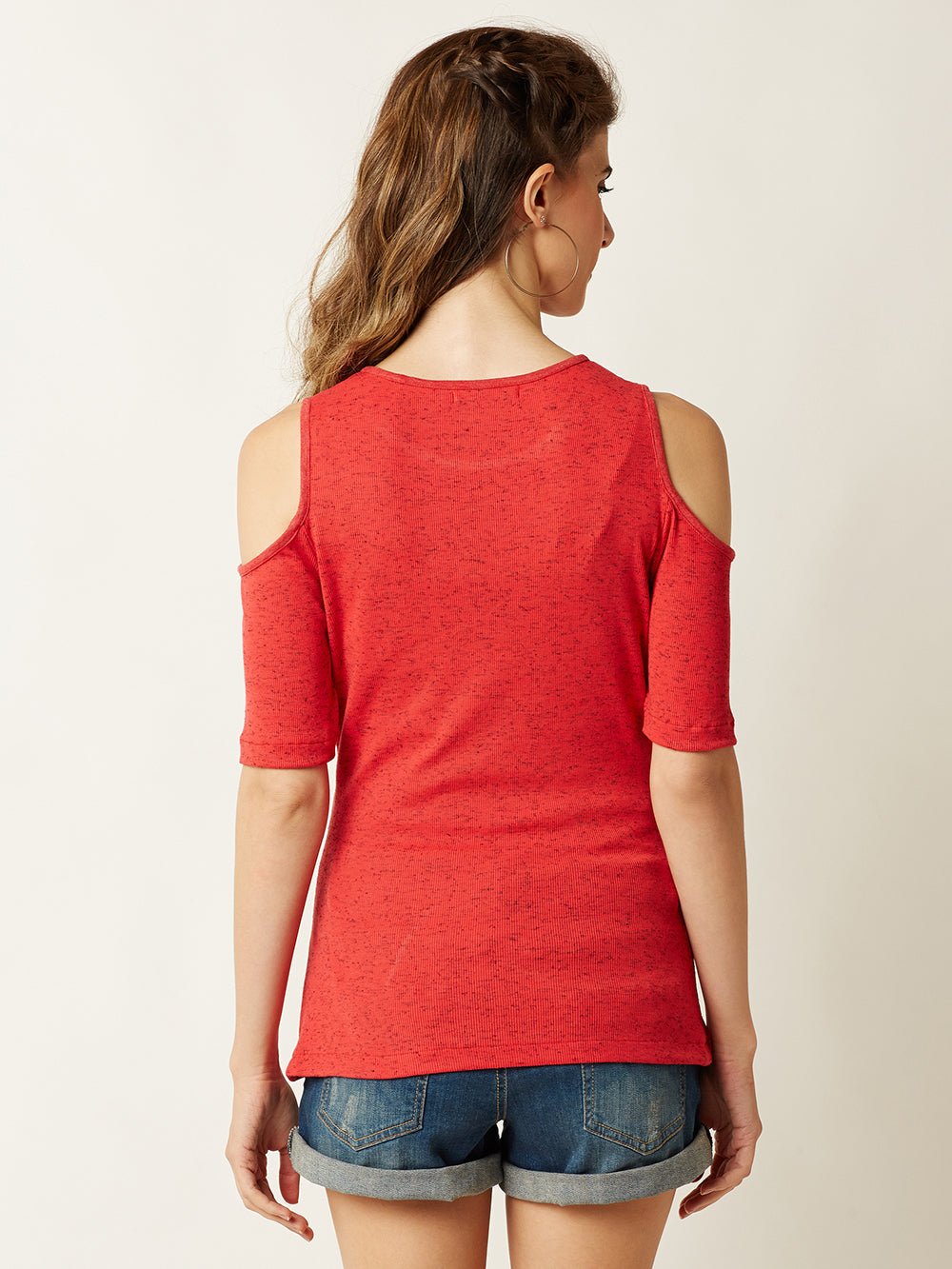 Women's Coral Round Neck Half Sleeve Plain Solid Ribbed Cold Shoulder Textured Top
