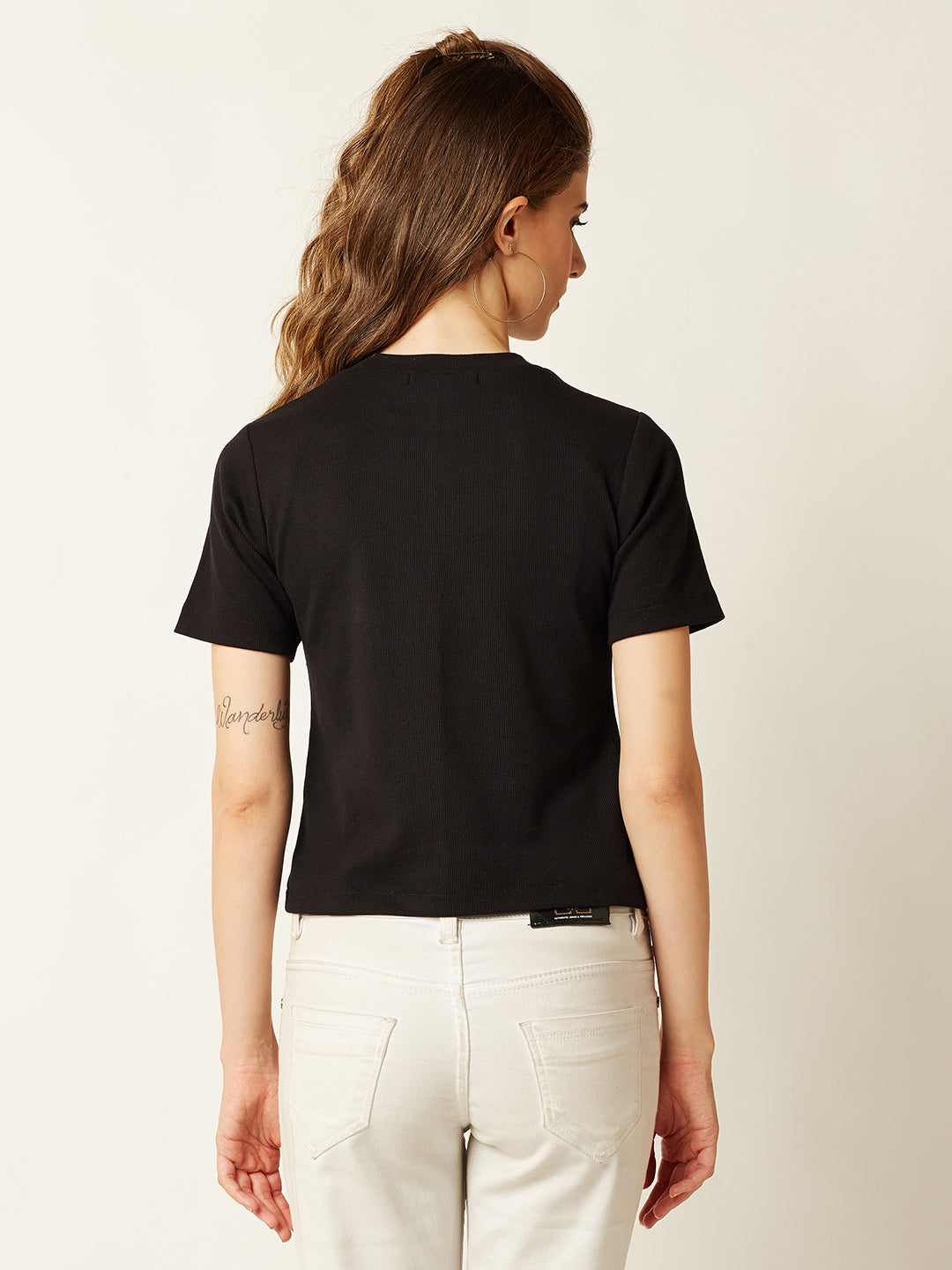 Women's Black Round Neck Short Sleeves Solid Ribbed Top