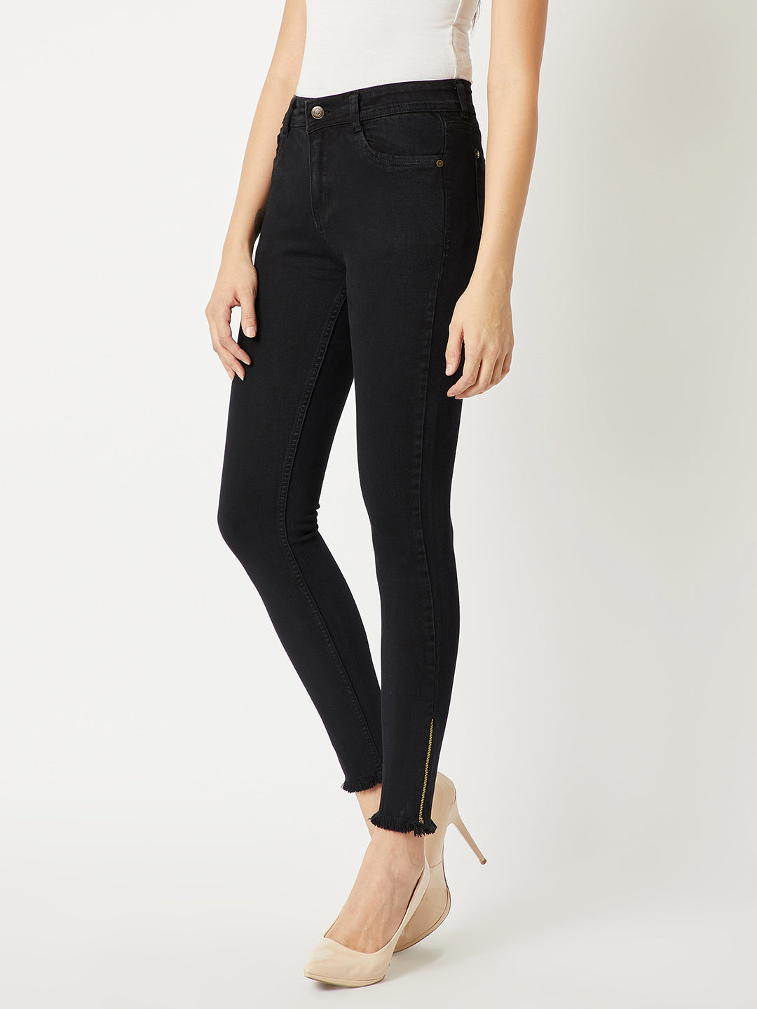 Women's Black Slim-Fit High-Rise Zipper And Raw Edge Detailing Stretchable Denim Jeans