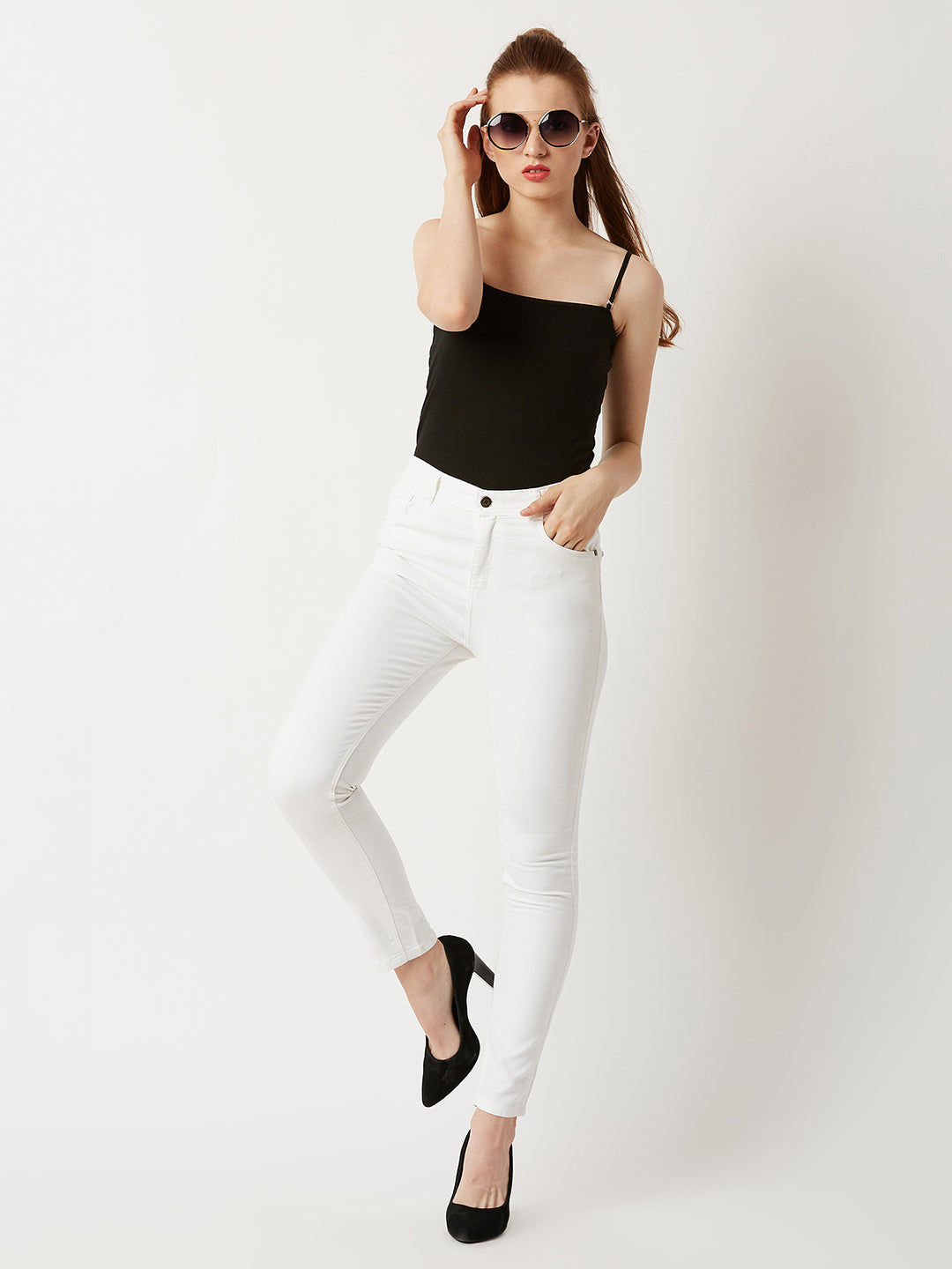 Women's White Skinny High-Rise Clean-Look Bleached Stretchable Denim Jeans