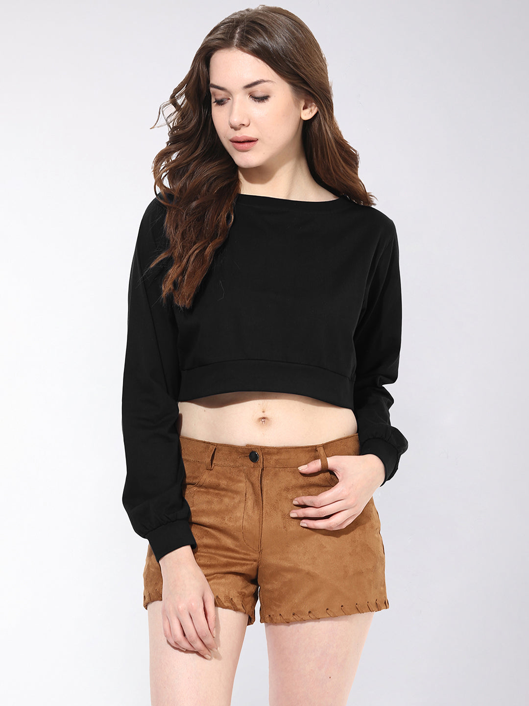 Women's Black Round Neck Full Sleeves Oversized Boxy Crop Top