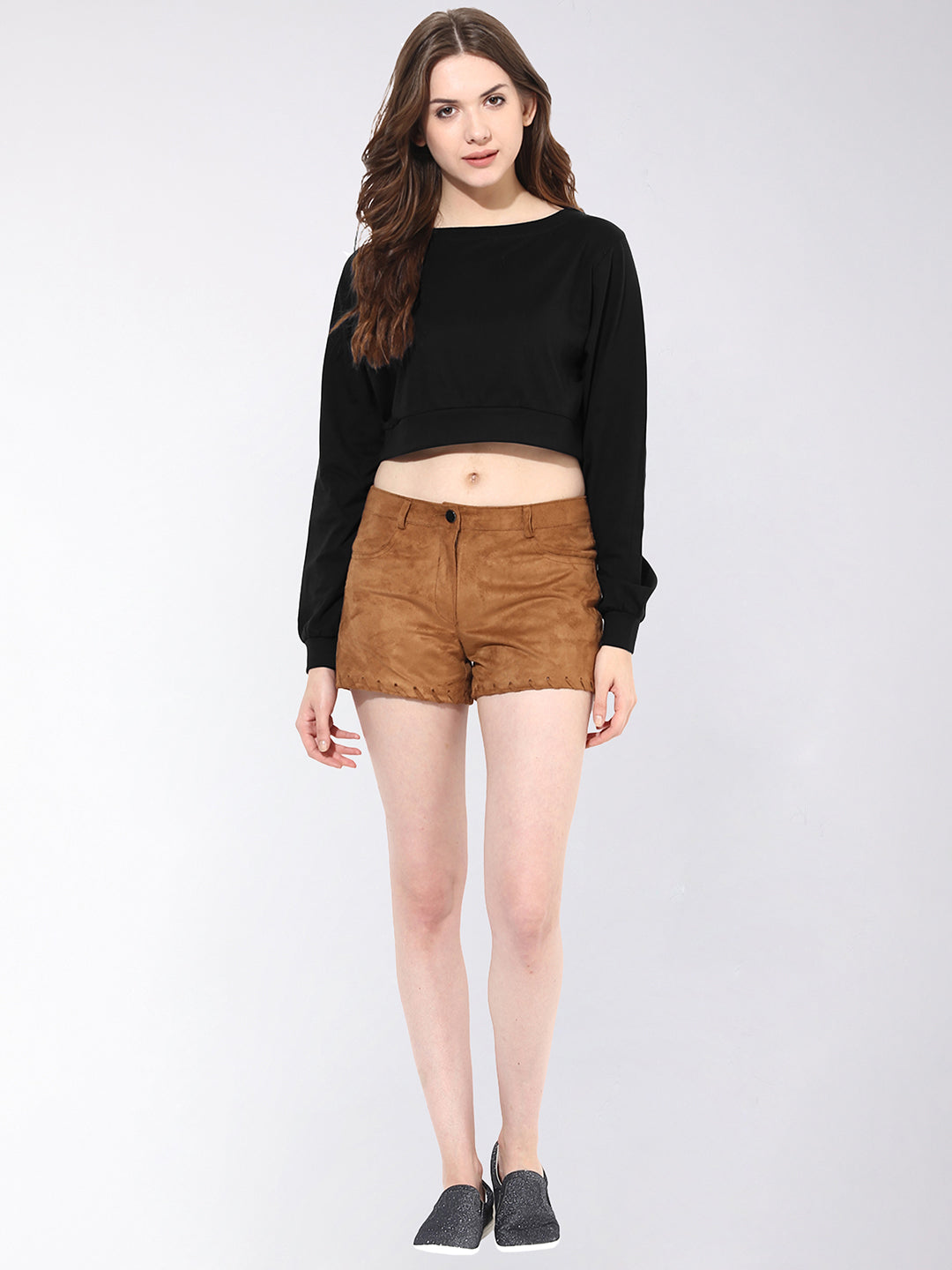 Women's Black Round Neck Full Sleeves Oversized Boxy Crop Top