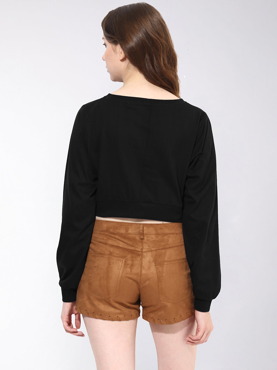 Women's Black Round Neck Full Sleeves Oversized Boxy Crop Top