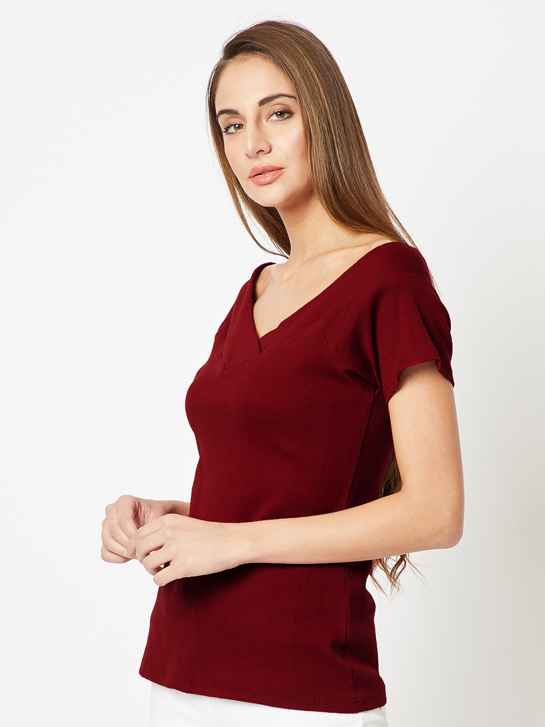 Women's Maroon V Neck Short Sleeve Solid Top