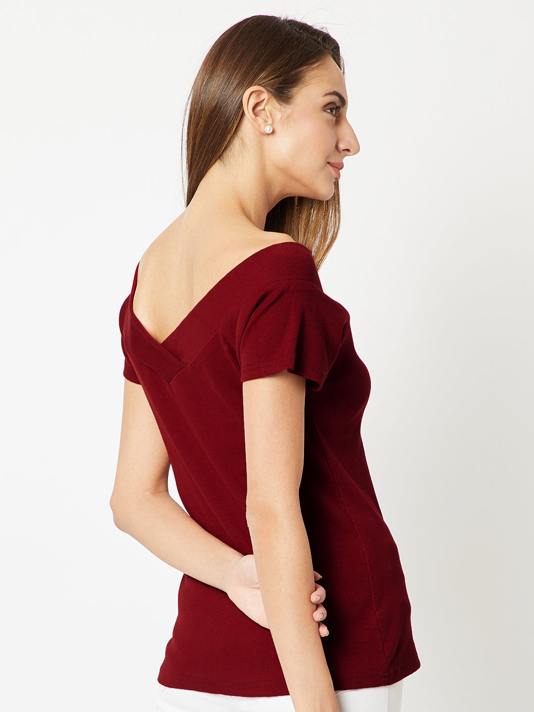 Women's Maroon V Neck Short Sleeve Solid Top