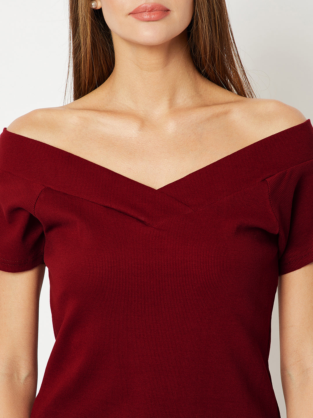 Women's Maroon V Neck Short Sleeve Solid Top