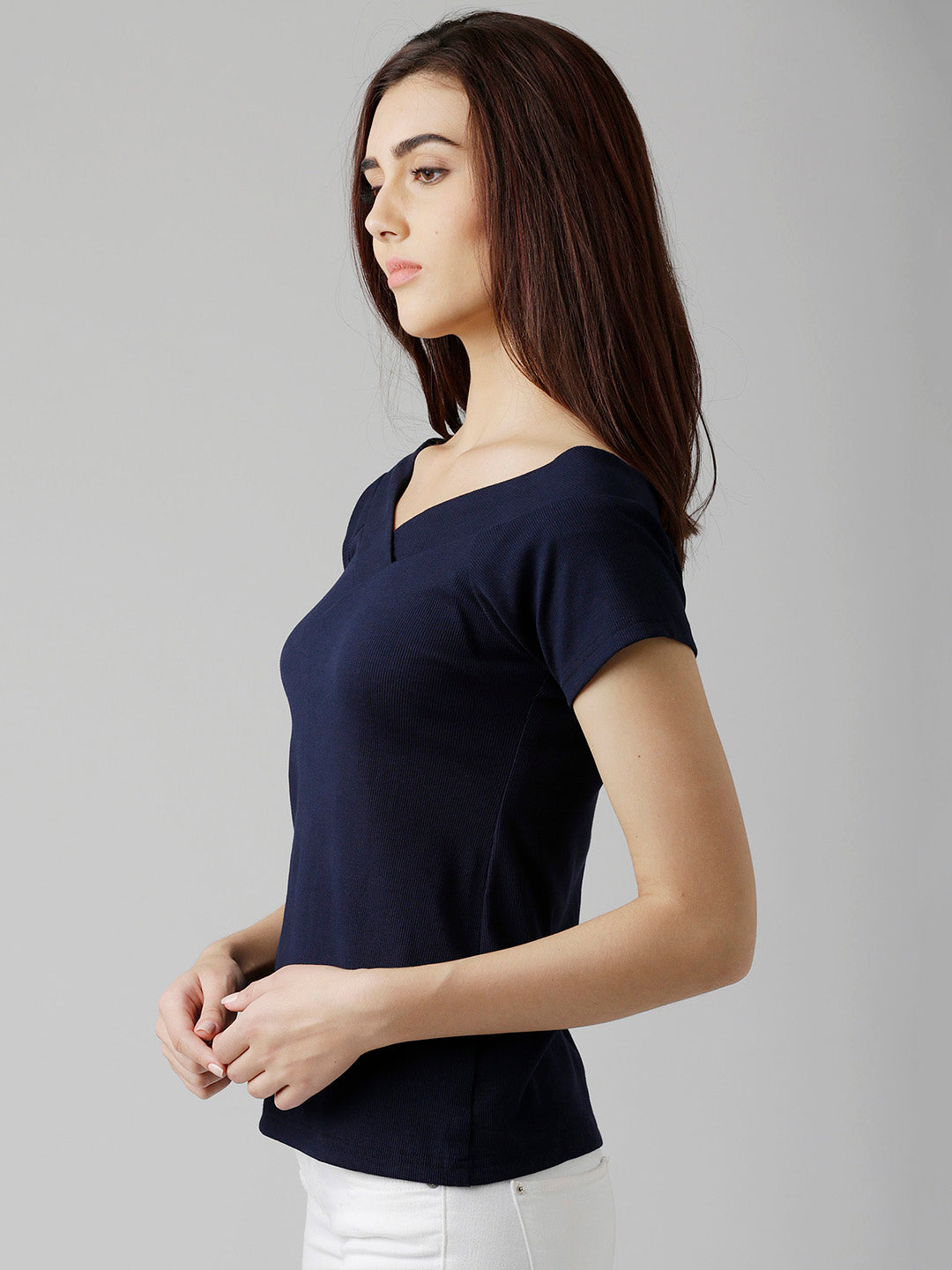 Women's Navy Blue V Neck Short Sleeve Solid Top