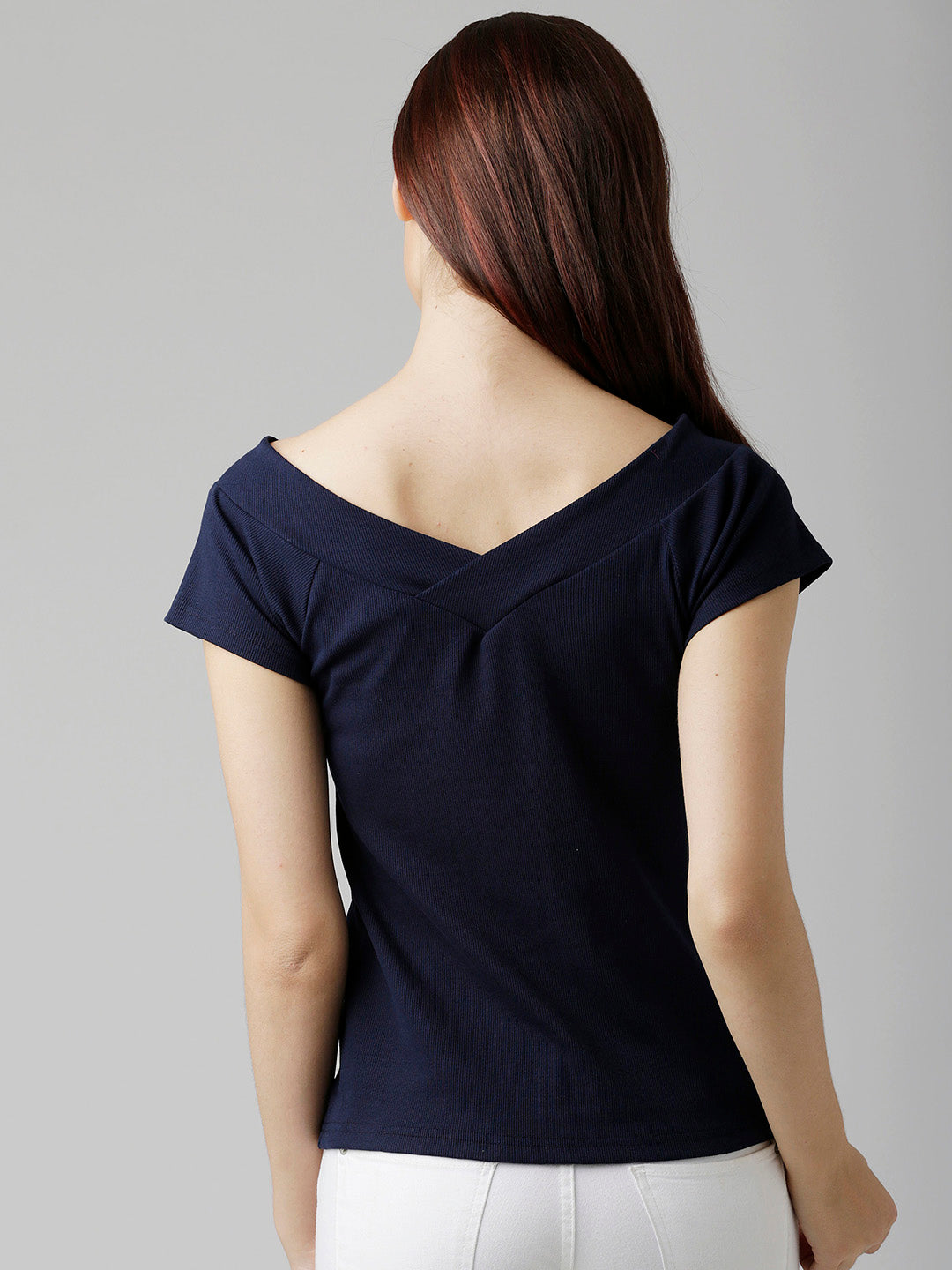 Women's Navy Blue V Neck Short Sleeve Solid Top