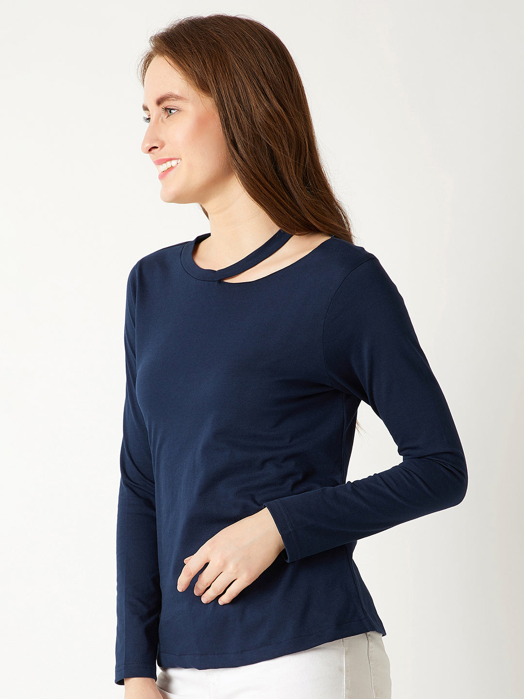 Women's Navy Blue Round Neck Full sleeve Cotton Solid Cut-Out Slit Shoulder Top