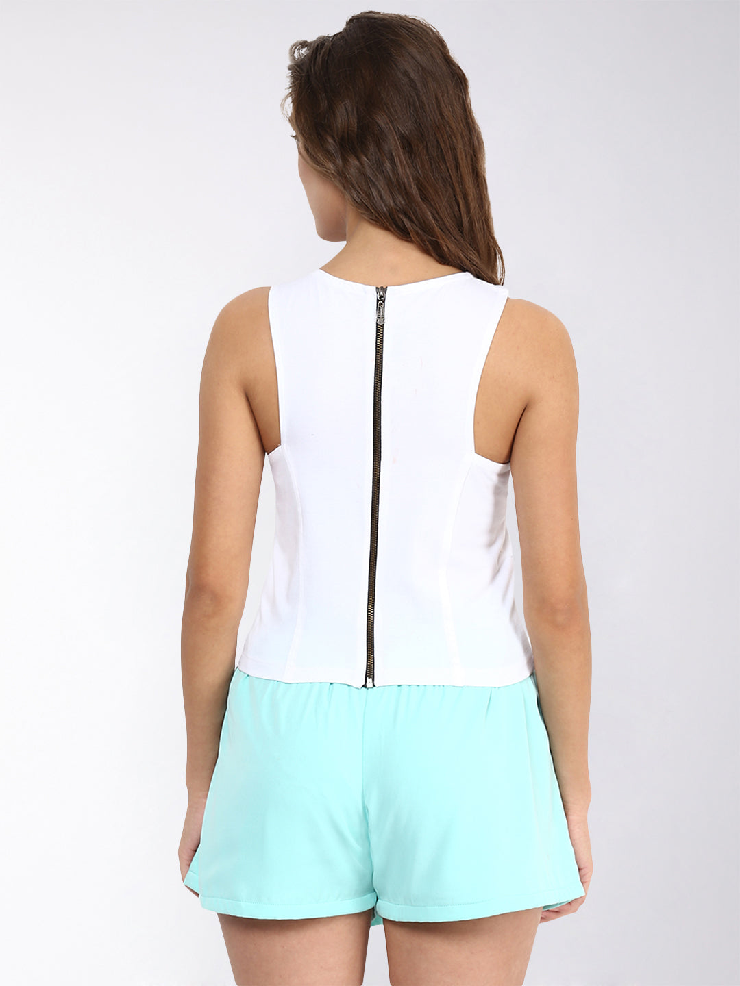 Women's White Round Neck Sleeveless Back Zipped Solid Crop Top
