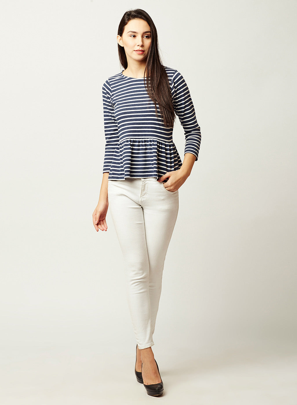 Women's Navy Blue and White Round Neck 3/4 Sleeve Striped Gathered Peplum Top