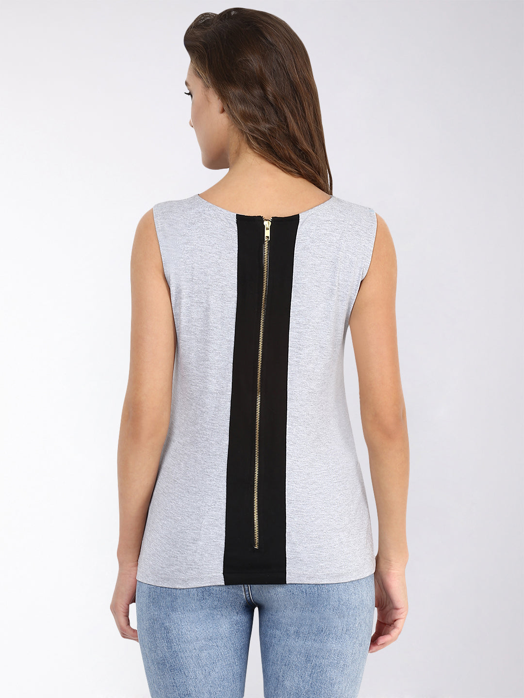Women's Grey and Black Round Neck Sleeveless Solid Basic Top
