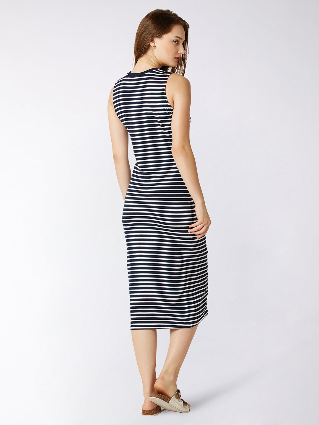Women's Navy Blue and White Round Neck Sleeveless Striped Bodycon Dress