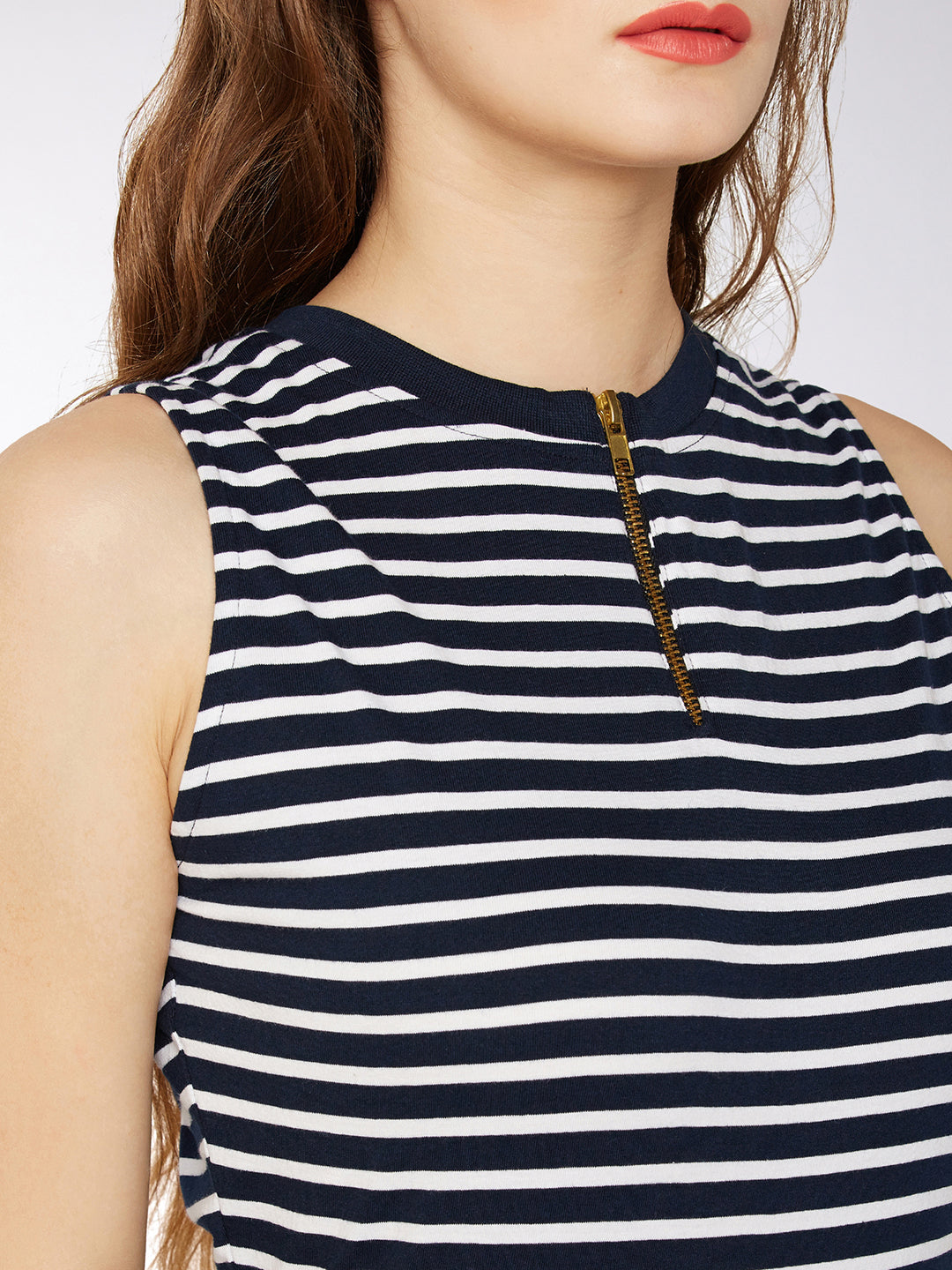 Women's Navy Blue and White Round Neck Sleeveless Striped Bodycon Dress