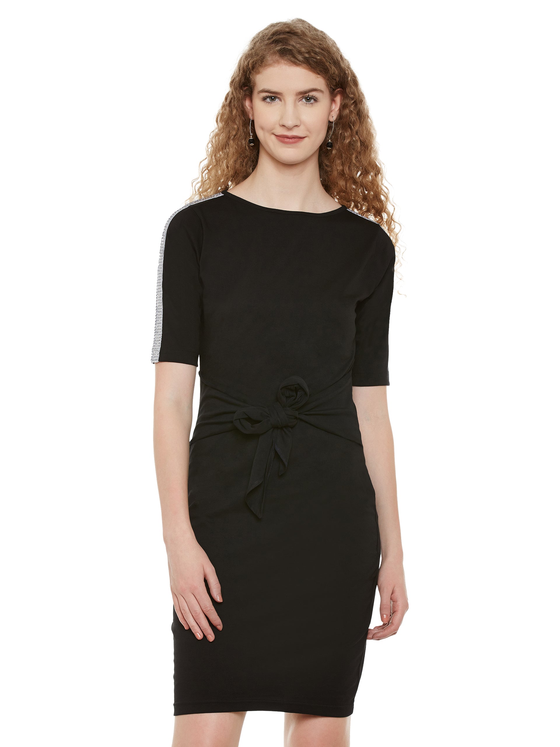 Black Round Neck Half Sleeves Solid Mini Bodycon Dress for Women