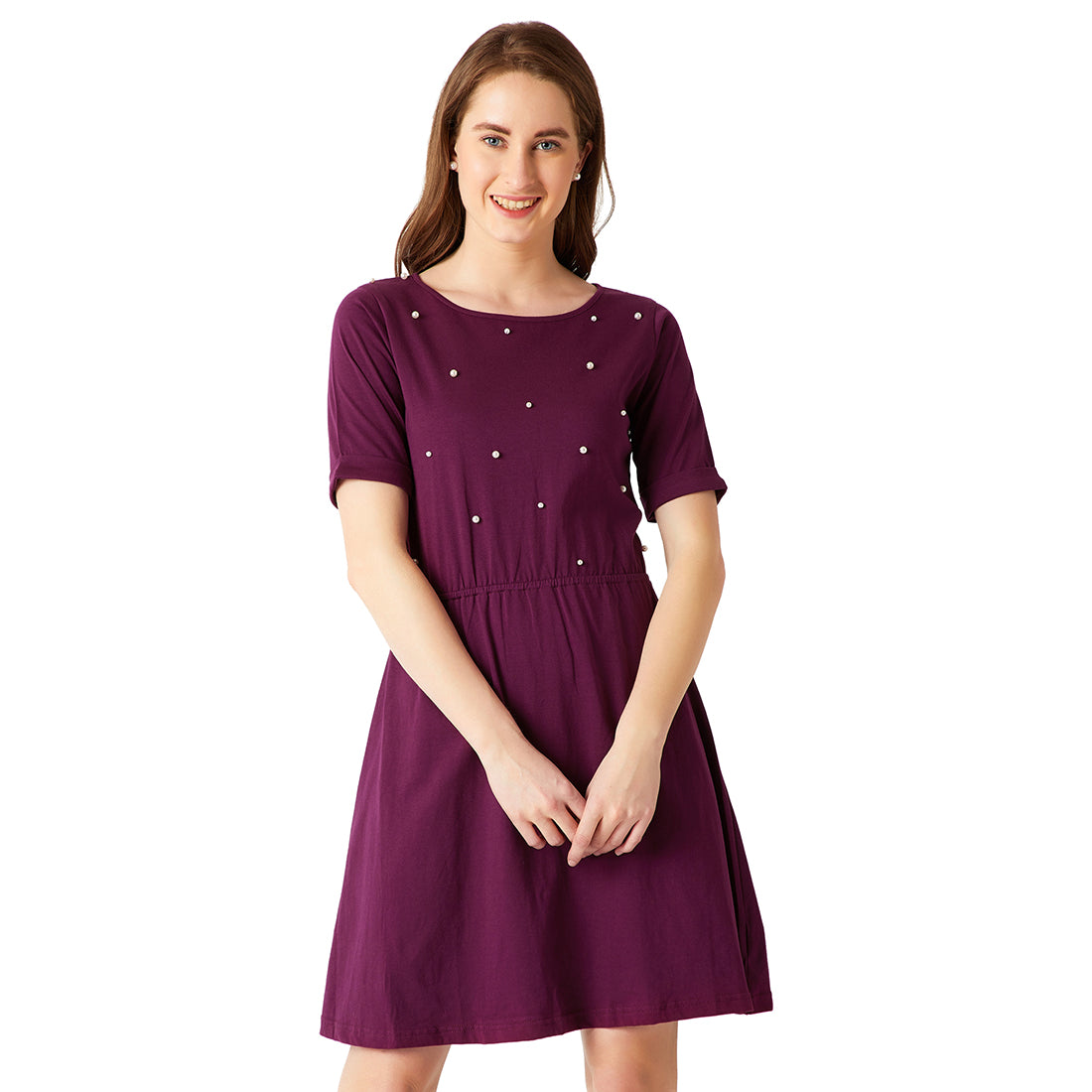 Magenta Round Neck Half Sleeve Cotton Solid Pearl Detail Back Cut-Out Mini Skater Dress for Women