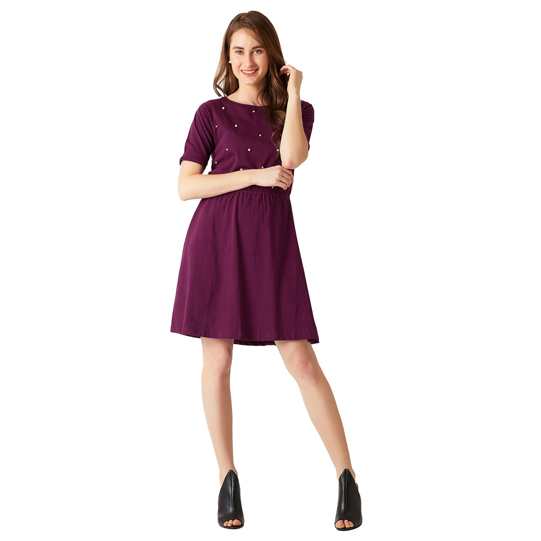 Magenta Round Neck Half Sleeve Cotton Solid Pearl Detail Back Cut-Out Mini Skater Dress for Women