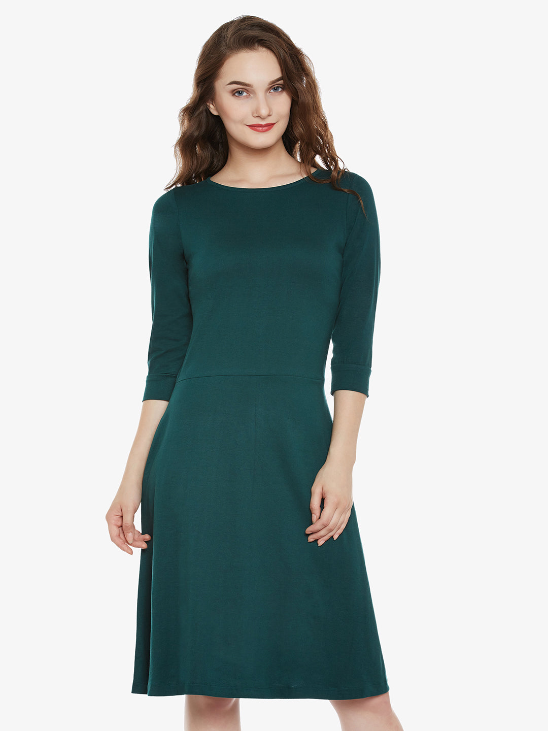 Green Cotton Round Neck 3/4 Sleeve Solid Mini Skater Dress for Women
