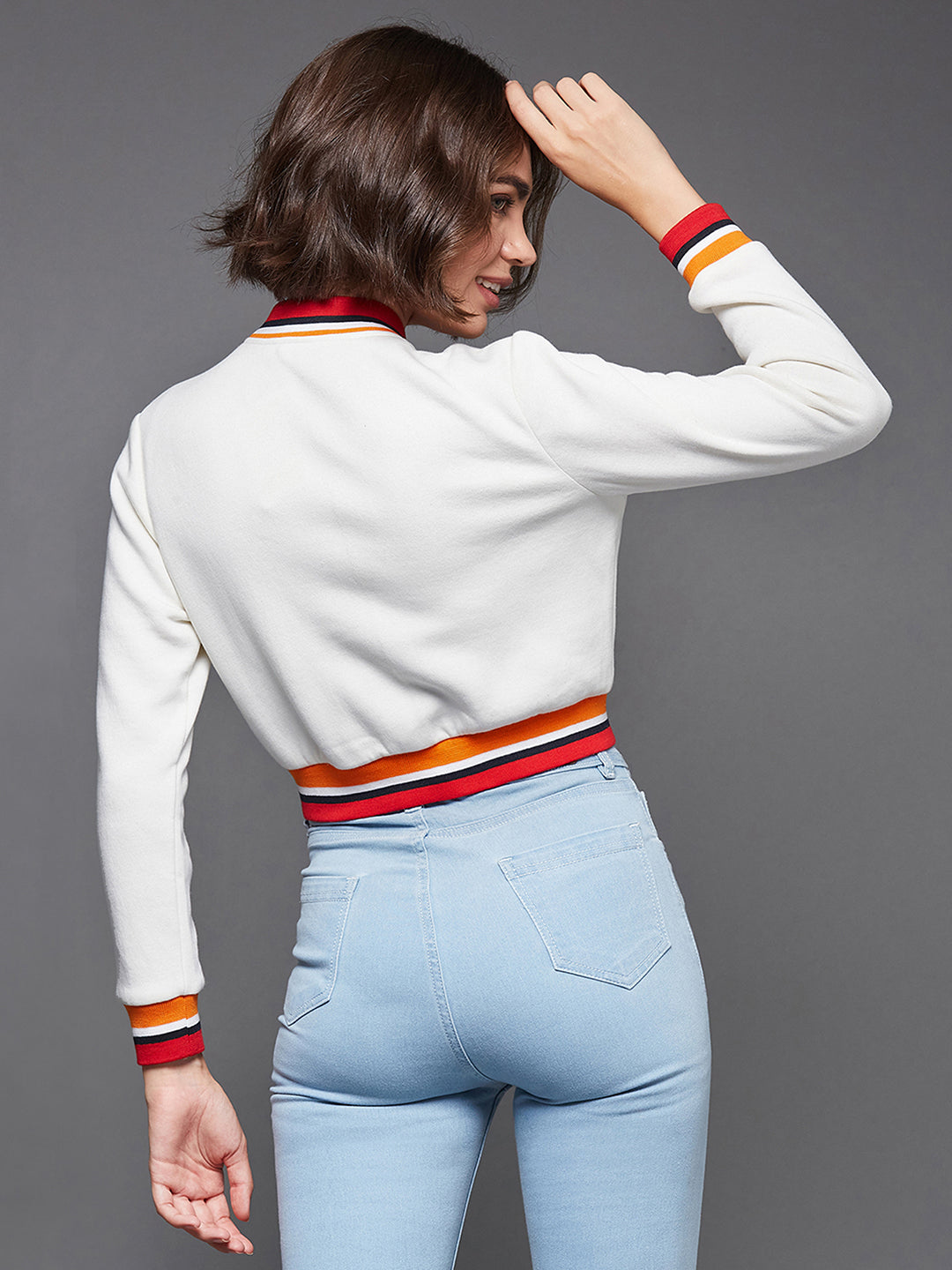 Women's Off White V-Neck Full Sleeves Fleece, Rib Solid Bomber Cropped Jacket