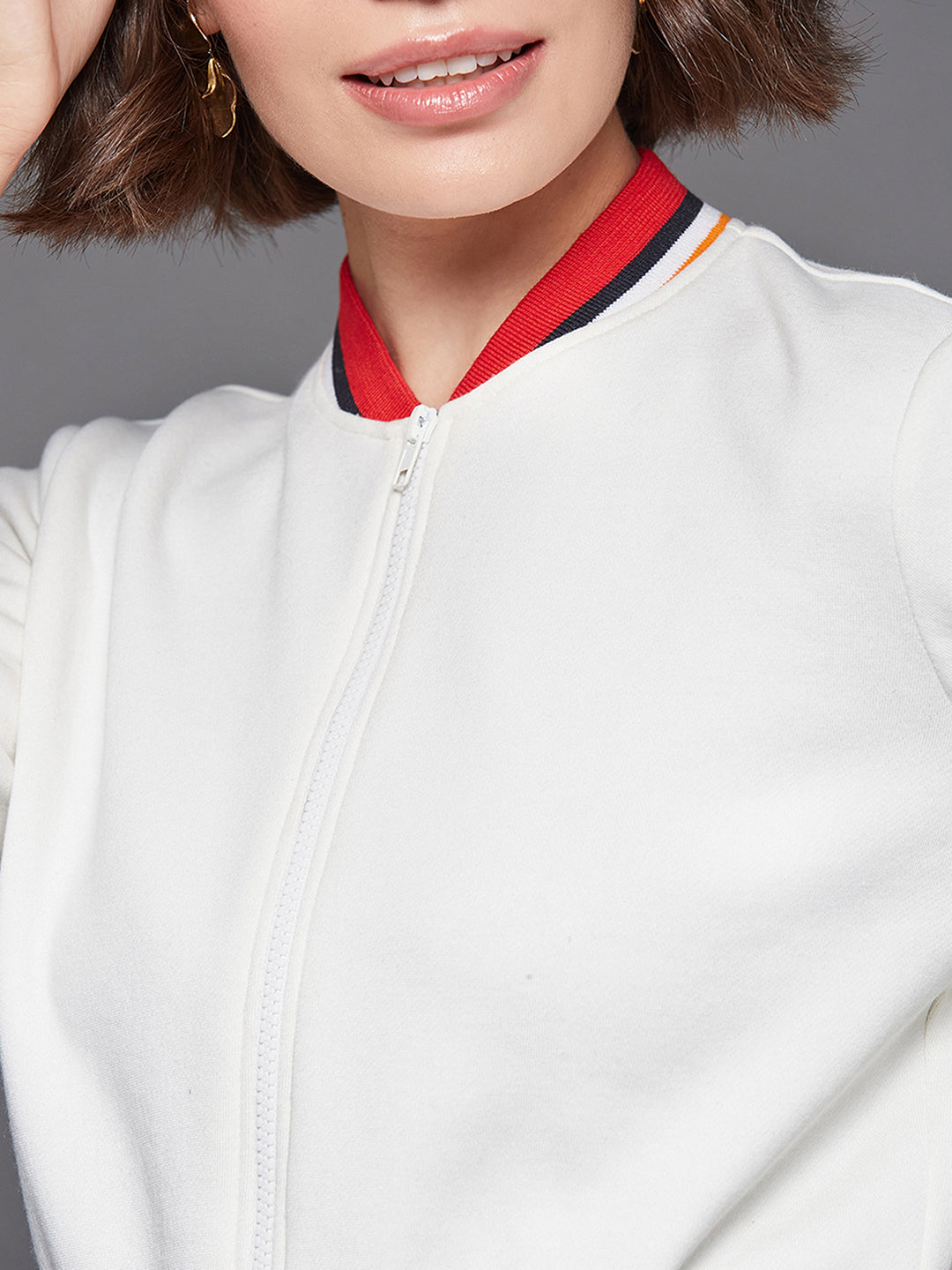 Women's Off White V-Neck Full Sleeves Fleece, Rib Solid Bomber Cropped Jacket