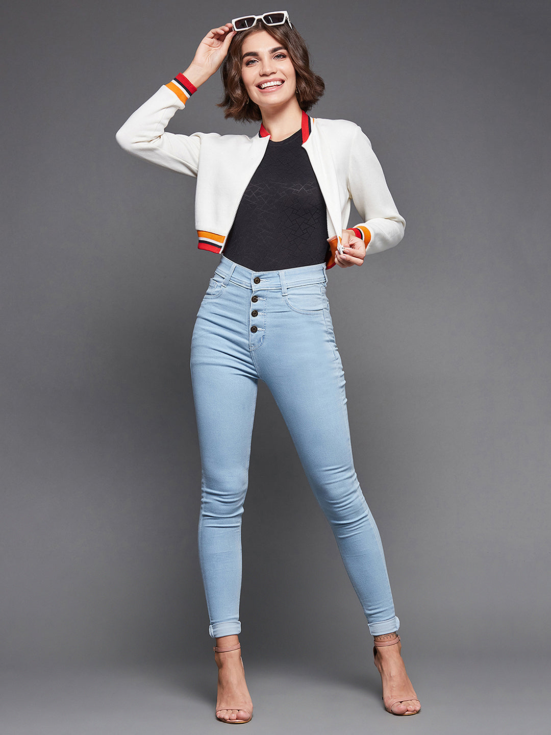 Women's Off White V-Neck Full Sleeves Fleece, Rib Solid Bomber Cropped Jacket