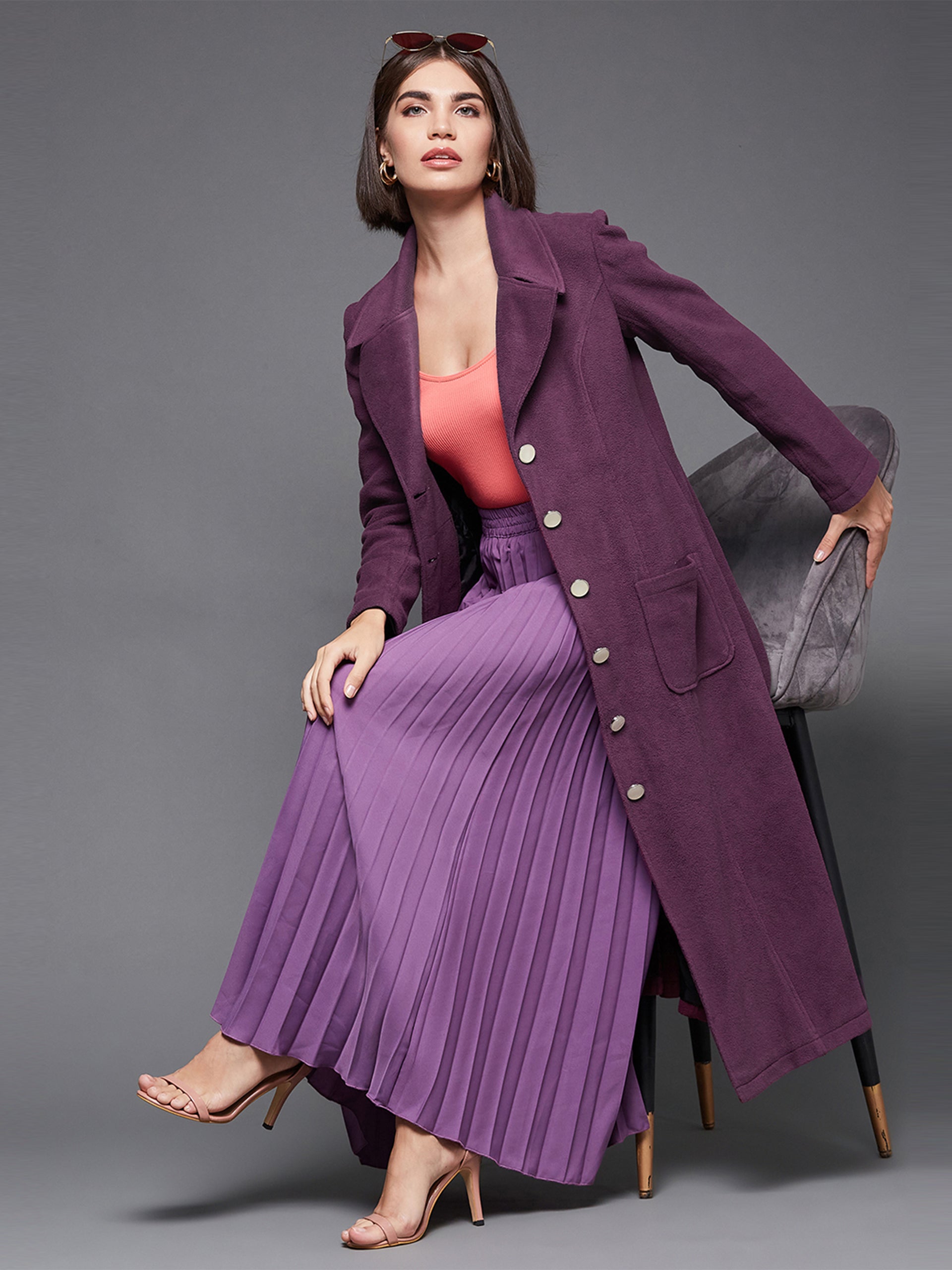 Women's Dark Mauve Solid V-Neck Full Sleeves Patched Pocket Polyester Button Down Longline Blazer Jacket