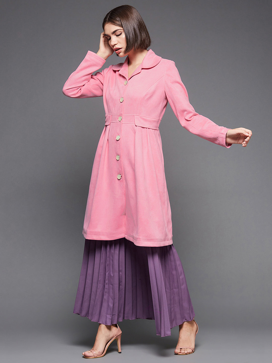 Women's Light Pink Notch Full-Sleeve Solid Longline Flared Knee-Long Polyester Jacket