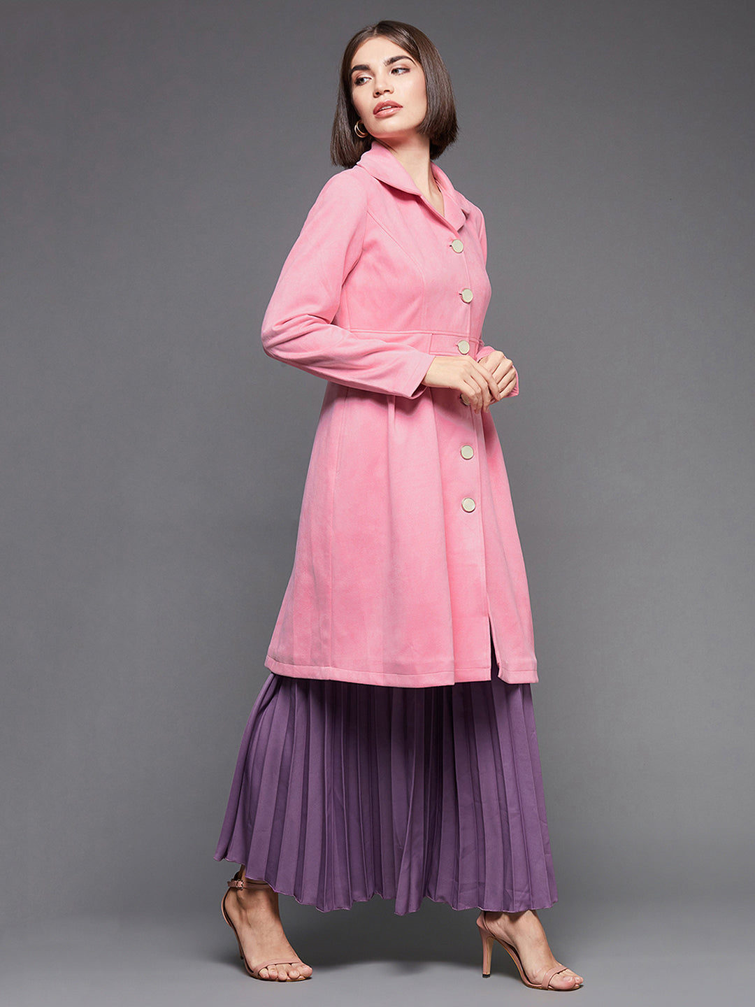 Women's Light Pink Notch Full-Sleeve Solid Longline Flared Knee-Long Polyester Jacket