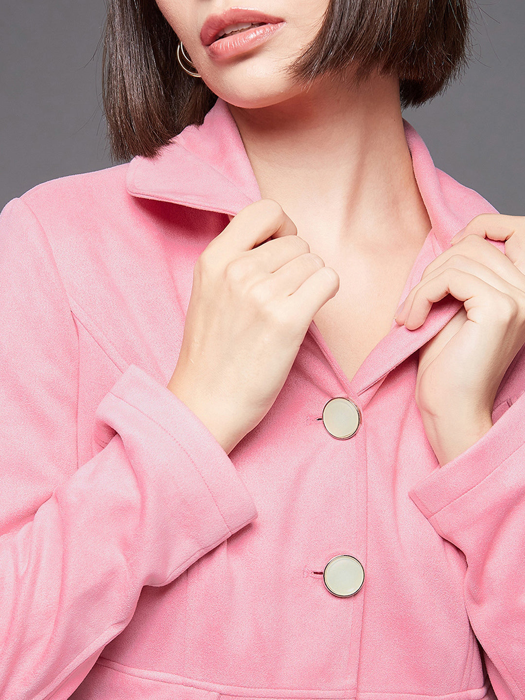 Women's Light Pink Notch Full-Sleeve Solid Longline Flared Knee-Long Polyester Jacket