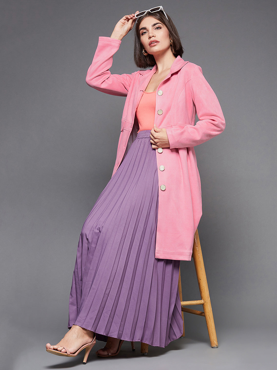 Women's Light Pink Notch Full-Sleeve Solid Longline Flared Knee-Long Polyester Jacket