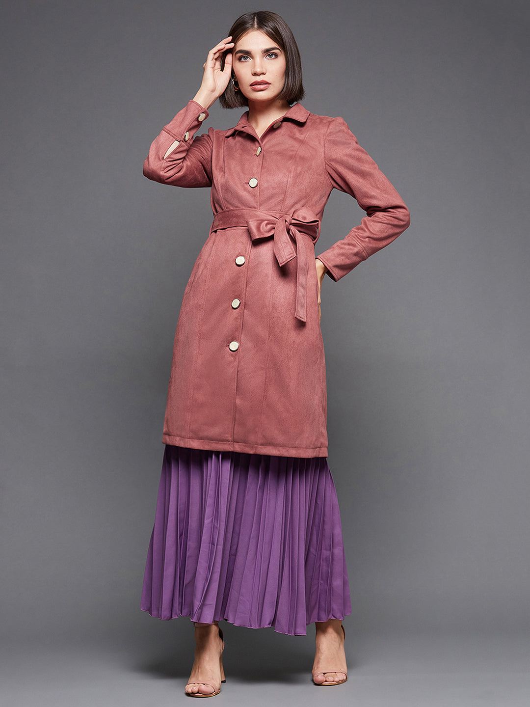 Women's Dark Peach Shirt Collar Full Sleeves Side Pocketed Polyester Button Down Longline Winter Wear Blazer Jacket