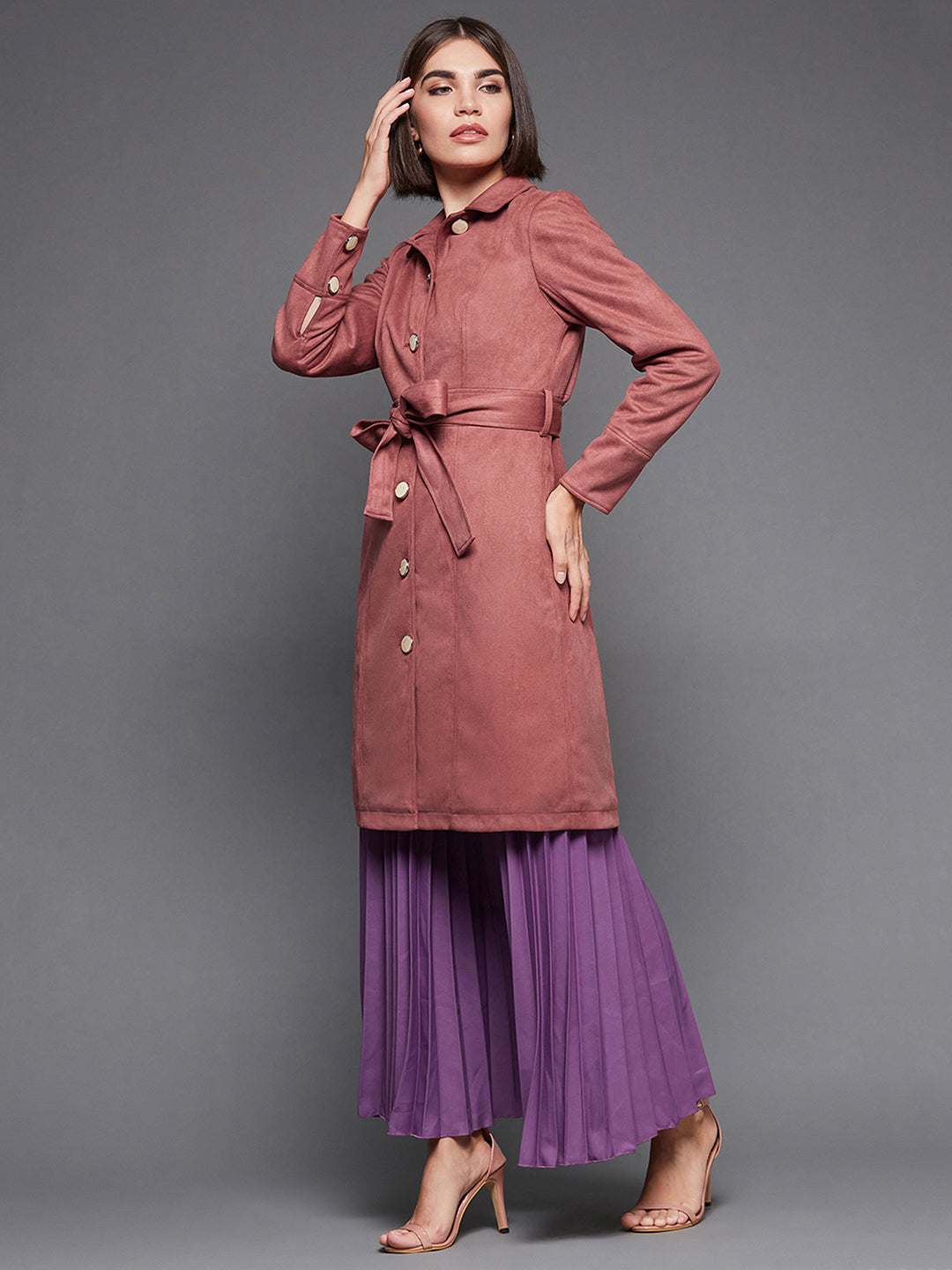 Women's Dark Peach Shirt Collar Full Sleeves Side Pocketed Polyester Button Down Longline Winter Wear Blazer Jacket