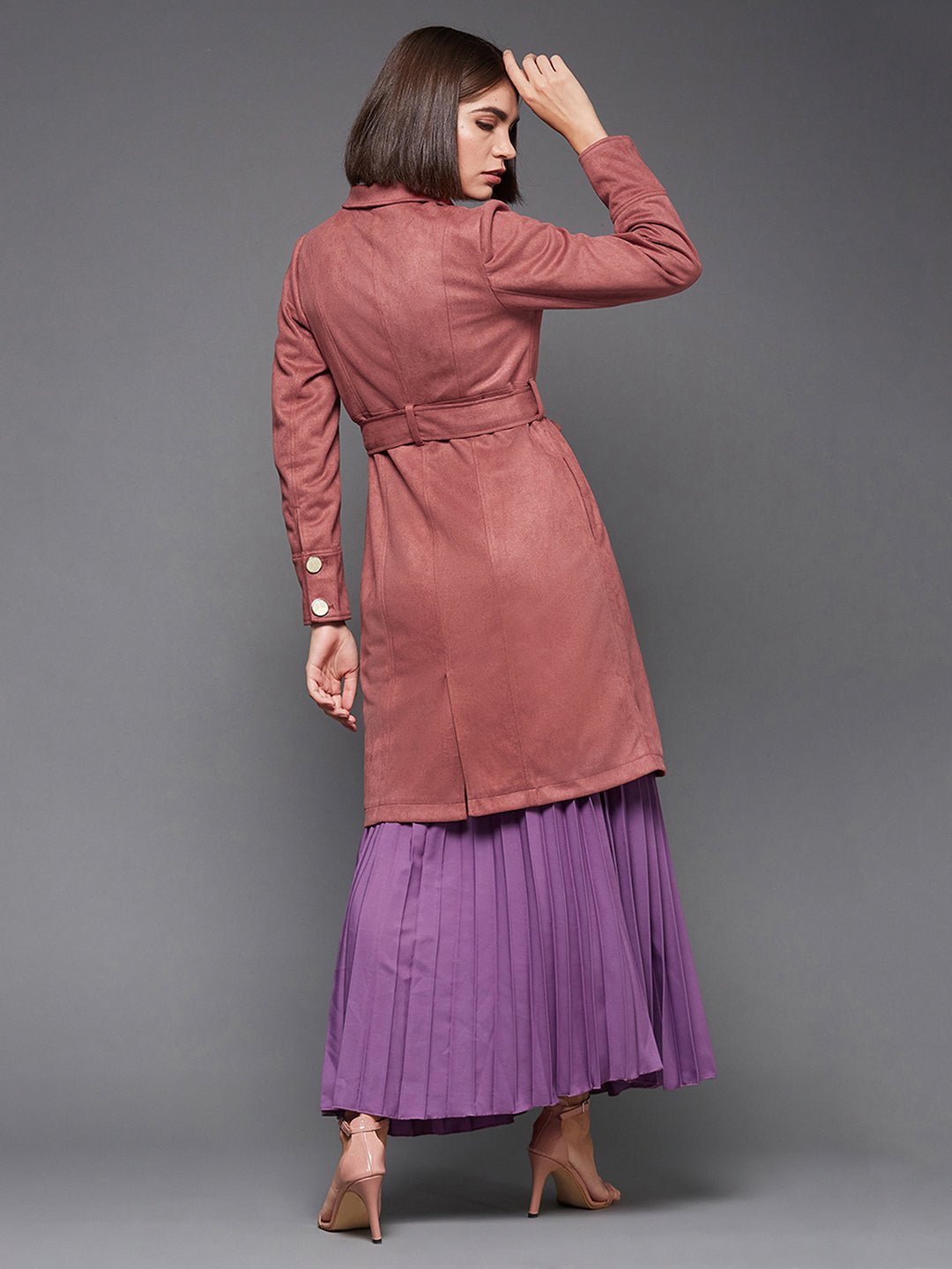 Women's Dark Peach Shirt Collar Full Sleeves Side Pocketed Polyester Button Down Longline Winter Wear Blazer Jacket