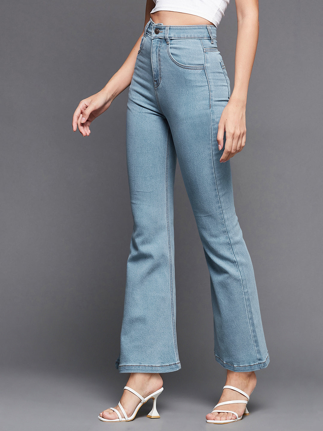 24/7 Comfort Light Blue Bell-Bottom Bootcut Hourglass High-Rise Stretchable Denim Jeans