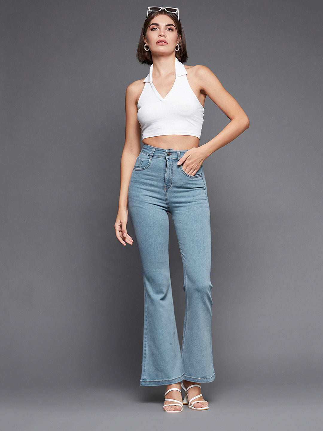 24/7 Comfort Light Blue Bell-Bottom Bootcut Hourglass High-Rise Stretchable Denim Jeans