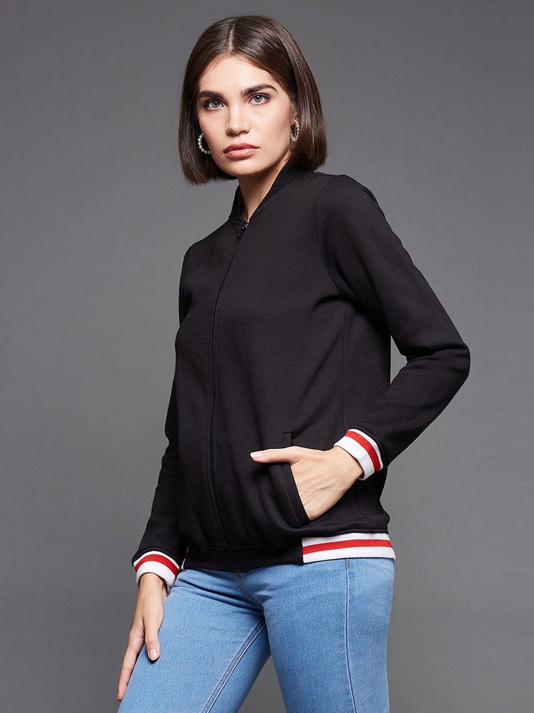 Women's Black V-Neck Full Sleeve Solid Fleece Multicolored Rib Detailing Zippered Bomber Jacket