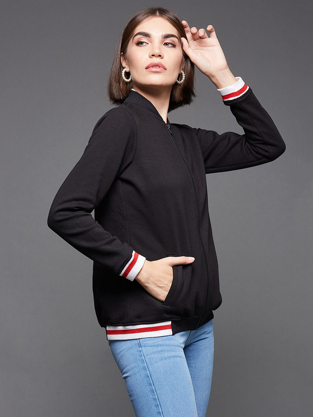 Women's Black V-Neck Full Sleeve Solid Fleece Multicolored Rib Detailing Zippered Bomber Jacket