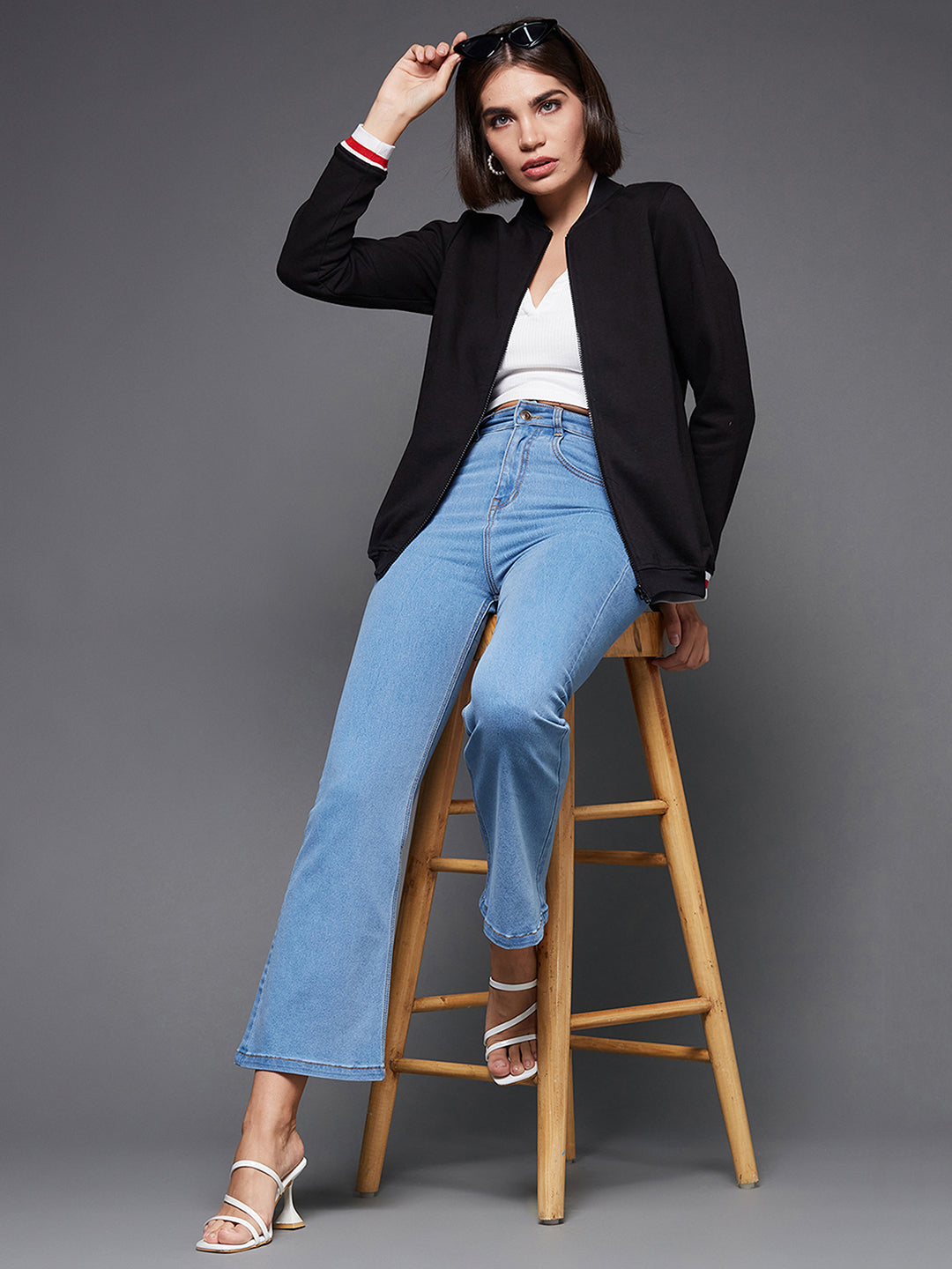 Women's Black V-Neck Full Sleeve Solid Fleece Multicolored Rib Detailing Zippered Bomber Jacket