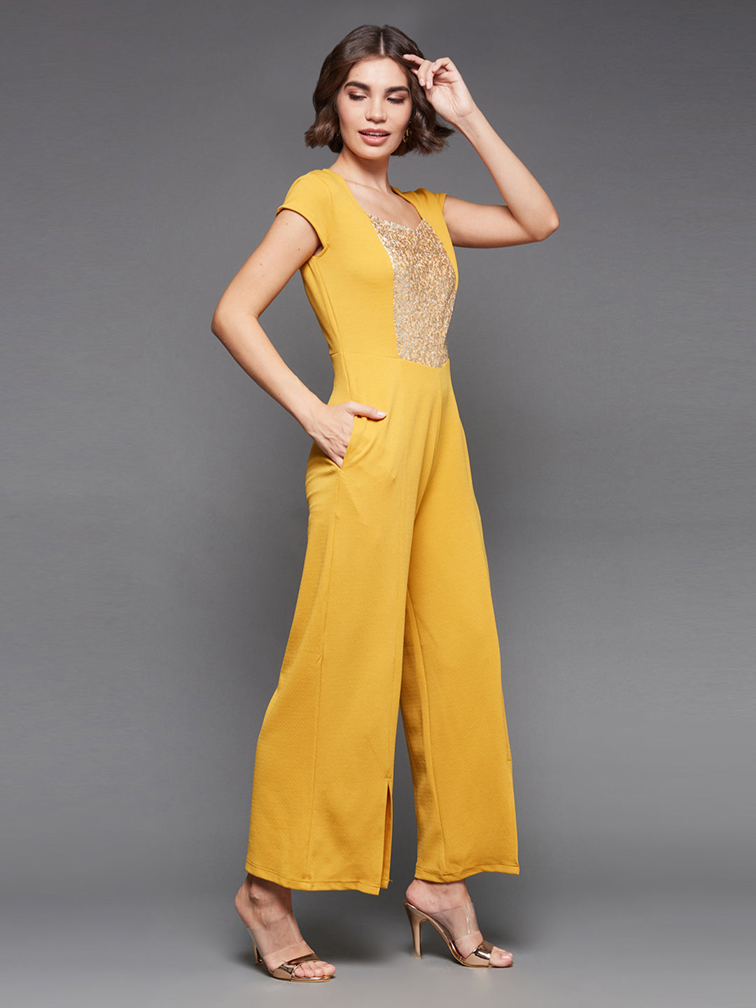 Crease Ease Women's Mustard & Golden Sequined Party Jumpsuit